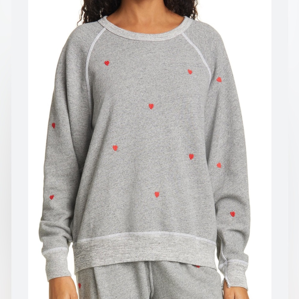 THE GREAT ❤️ Heart Print College Sweatshirt Varsity Heather Grey Red 2 Medium